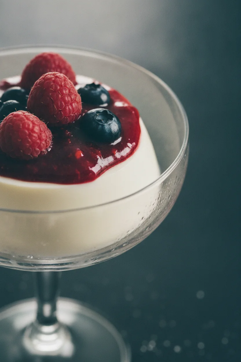 A smooth, silken panna cotta topped with vibrant berry sauce and whole berries, served in a clear glass coupe with an antique silver spoon, on a dark slate background. This is an elegant panna cotta with berry sauce.