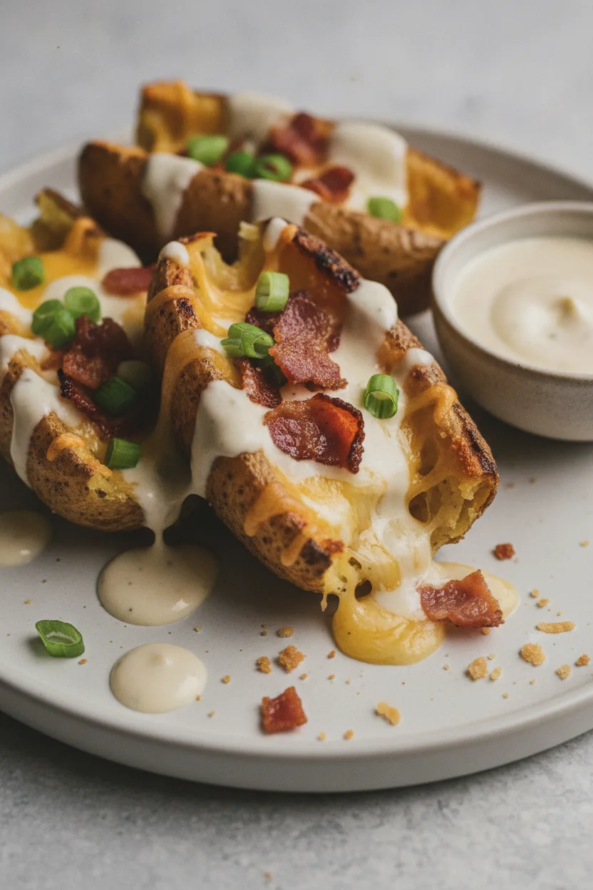 Crispy baked potato skins generously filled with melted cheese, savory bacon bits, and fresh green onions, drizzled with a creamy sauce, presented on a matte off-white plate.