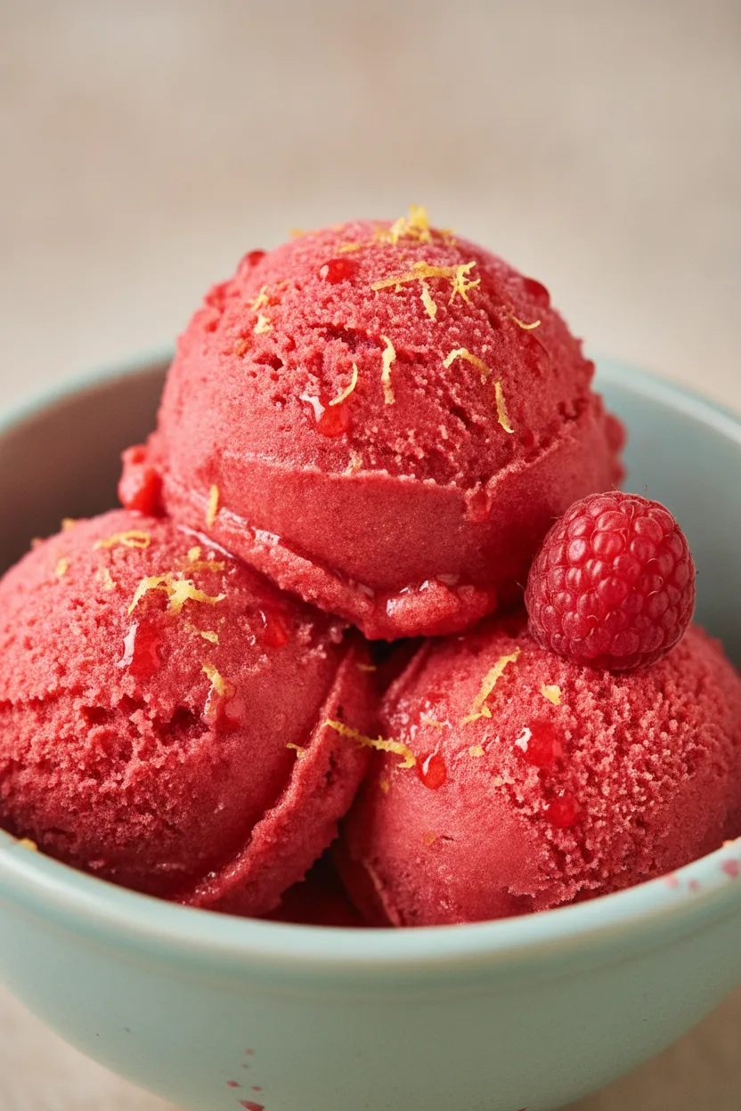 Two scoops of vibrant red raspberry sorbet in a light teal ceramic bowl, with a slightly melty, glistening, and icy texture. A single whole raspberry and fine yellow zest particles are on top. A silver spoon with a small scoop of sorbet is held above the bowl by a hand with light grey nail polish. The sorbet is presented as a refreshing 3-ingredient dessert.