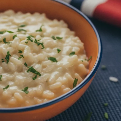 A close-up, inviting shot of creamy risotto with truffle oil, topped with fresh parsley, served in a rustic ceramic bowl with a blue rim.