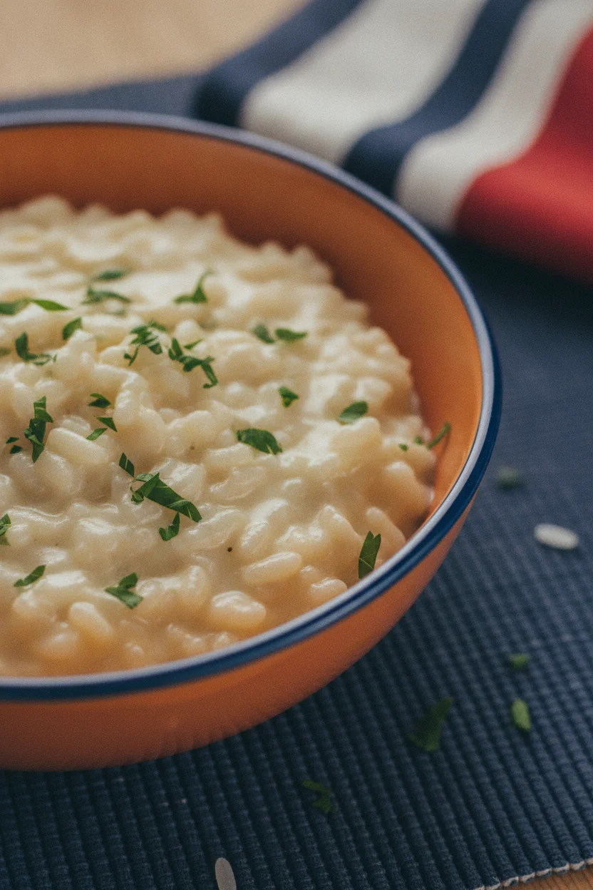 A close-up, inviting shot of creamy risotto with truffle oil, topped with fresh parsley, served in a rustic ceramic bowl with a blue rim.
