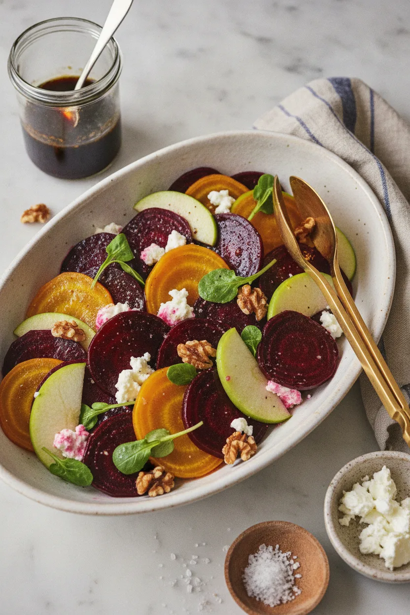 A vibrant and colorful roasted beet and goat cheese salad, artfully arranged in an off-white ceramic bowl. The salad features slices of deep crimson and golden beets, crisp green apple, crumbled goat cheese, toasted walnuts, and delicate microgreens. Elegant gold salad tongs are placed within the salad, and a small jar of vinaigrette is visible nearby. The image is captured with a shallow depth of field, highlighting the freshness and textures of the ingredients.