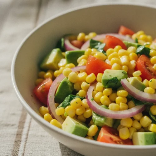 A vibrant Roasted Corn and Avocado Salad served in a simple off-white ceramic bowl, featuring plump yellow corn kernels, creamy diced avocado, red tomato wedges, and thinly sliced red onion. The salad is lightly dressed and garnished with scattered green herbs, presented on a textured linen placemat. The lighting is soft and diffused, creating gentle highlights and subtle shadows.
