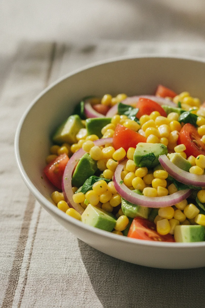 A vibrant Roasted Corn and Avocado Salad served in a simple off-white ceramic bowl, featuring plump yellow corn kernels, creamy diced avocado, red tomato wedges, and thinly sliced red onion. The salad is lightly dressed and garnished with scattered green herbs, presented on a textured linen placemat. The lighting is soft and diffused, creating gentle highlights and subtle shadows.