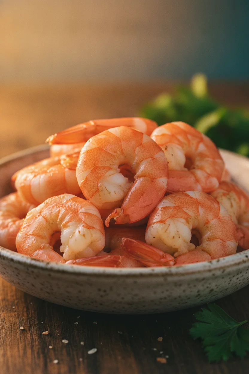 A close-up, editorial-style photo of plump, perfectly cooked shrimp with vibrant coral-pink shells piled in a rustic ceramic bowl, representing a delicious Shrimp Scampi with Linguine dish. The lighting is warm and golden, with soft highlights and shadows, and a shallow depth of field blurs the background.