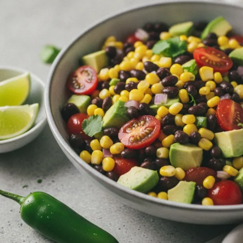 A vibrant Southwest black bean salad in a light gray ceramic bowl, featuring plump corn kernels, diced avocado, halved cherry tomatoes, red onion, and scattered cilantro. A vintage silver spoon rests in the salad, with a side dish of lime wedges and a jalapeño pepper in the foreground.