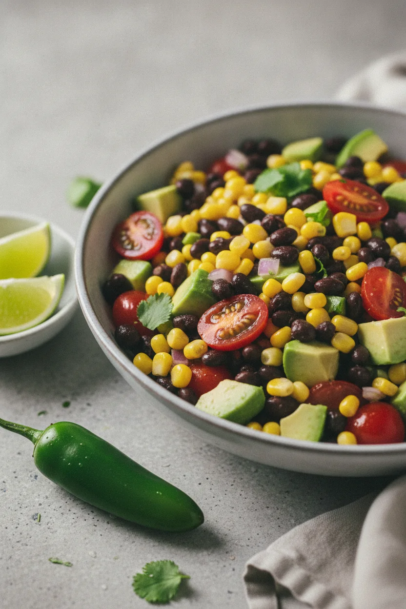 A vibrant Southwest black bean salad in a light gray ceramic bowl, featuring plump corn kernels, diced avocado, halved cherry tomatoes, red onion, and scattered cilantro. A vintage silver spoon rests in the salad, with a side dish of lime wedges and a jalapeño pepper in the foreground.