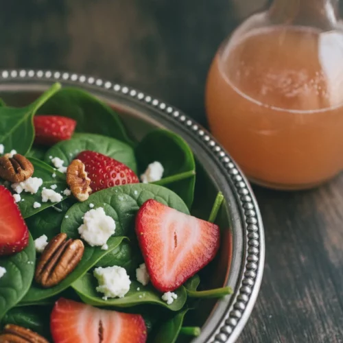 A fresh strawberry spinach salad with crumbled feta cheese and toasted pecans, served in a decorative silver bowl with a glass carafe of blush wine vinaigrette on the side.