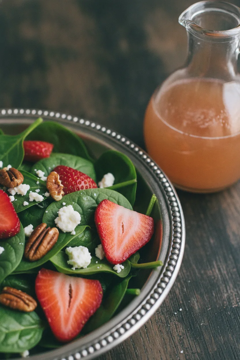 A fresh strawberry spinach salad with crumbled feta cheese and toasted pecans, served in a decorative silver bowl with a glass carafe of blush wine vinaigrette on the side.