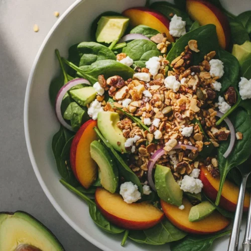 A vibrant Summer Peach and Spinach Salad presented in a white ceramic bowl, captured from a slightly angled top-down view. Fresh spinach leaves are topped with ripe peach slices, creamy avocado chunks, crumbled goat cheese, and a toasted nut and seed mix. Silver salad tongs with a bamboo pattern are partially visible. The salad is shot with a shallow depth of field, highlighting the fresh ingredients.