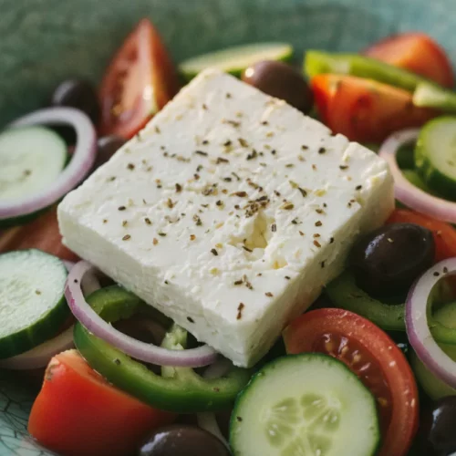 A vibrant and fresh traditional Greek salad with creamy feta cheese, juicy red tomatoes, crisp green cucumbers and bell peppers, purple red onions, and deep purple Kalamata olives, artfully arranged in a textured turquoise bowl.