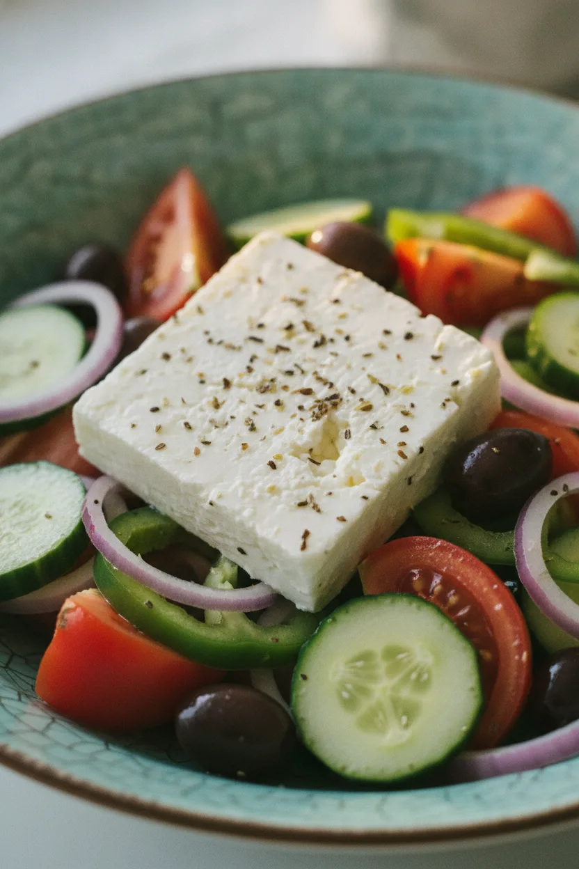A vibrant and fresh traditional Greek salad with creamy feta cheese, juicy red tomatoes, crisp green cucumbers and bell peppers, purple red onions, and deep purple Kalamata olives, artfully arranged in a textured turquoise bowl.