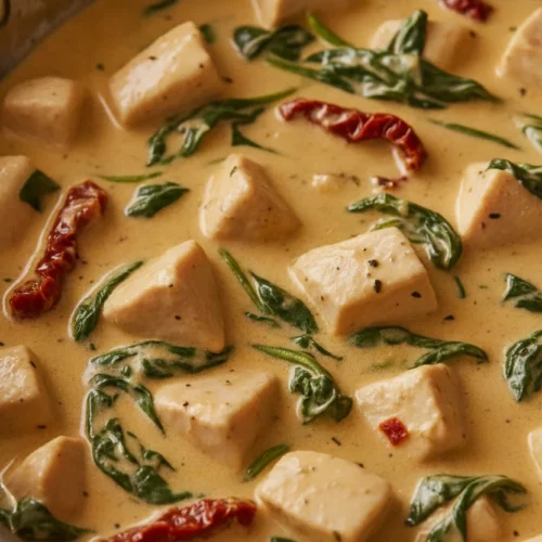 A close-up shot of Tuscan Garlic Chicken with spinach and sun-dried tomatoes in a creamy sauce, presented in a stainless steel skillet with a silver spoon. The dish features tender chicken breast coated in a rich, viscous sauce with visible flecks of spinach and red tomato.
