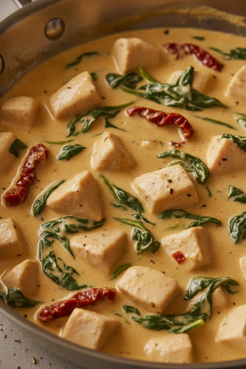 A close-up shot of Tuscan Garlic Chicken with spinach and sun-dried tomatoes in a creamy sauce, presented in a stainless steel skillet with a silver spoon. The dish features tender chicken breast coated in a rich, viscous sauce with visible flecks of spinach and red tomato.