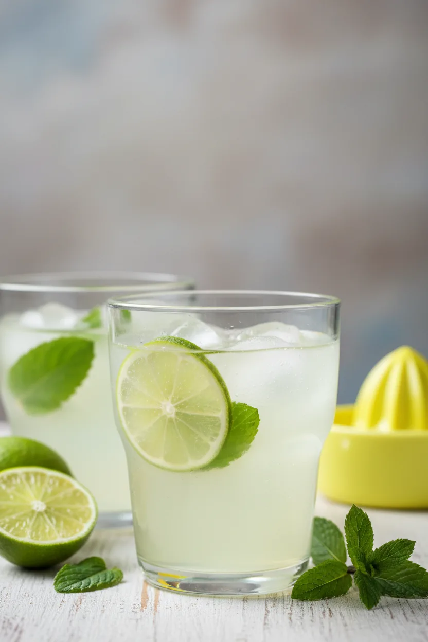 A bright and refreshing Virgin Mojito mocktail served in two chilled glasses, garnished with fresh mint leaves and lime slices, with scattered mint and lime ingredients on a distressed white wooden surface.
