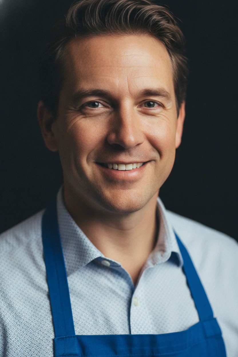 A smiling man in a light blue patterned shirt and a vibrant blue apron, mid-chest shot, with soft lighting and a shallow depth of field against a black background. The image is editorial style and promotes a watermelon feta mint salad recipe.