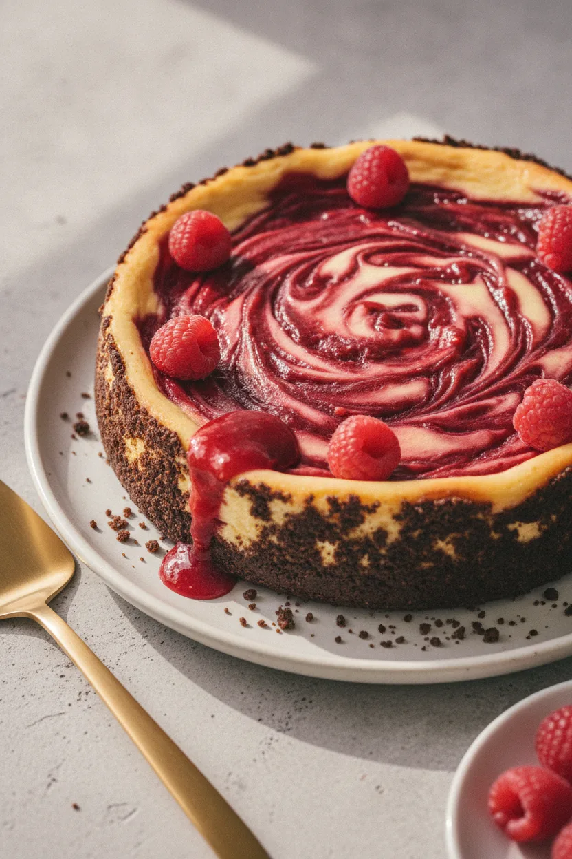 A close-up, editorial-style photograph of a decadent White Chocolate Raspberry Cheesecake. The cheesecake surface features a rich crimson raspberry swirl and is topped with fresh, plump raspberries. A thick, glossy red raspberry sauce is drizzled over the dessert. The crust is dark and crumbly. The focus is sharp on the cheesecake, with a softly blurred background.