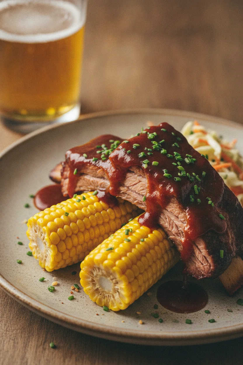 Close-up shot of tender, fall-off-the-bone BBQ beef ribs generously coated in glossy, mahogany barbecue sauce, with a side of coleslaw and bright yellow corn cobs on a matte ceramic plate.