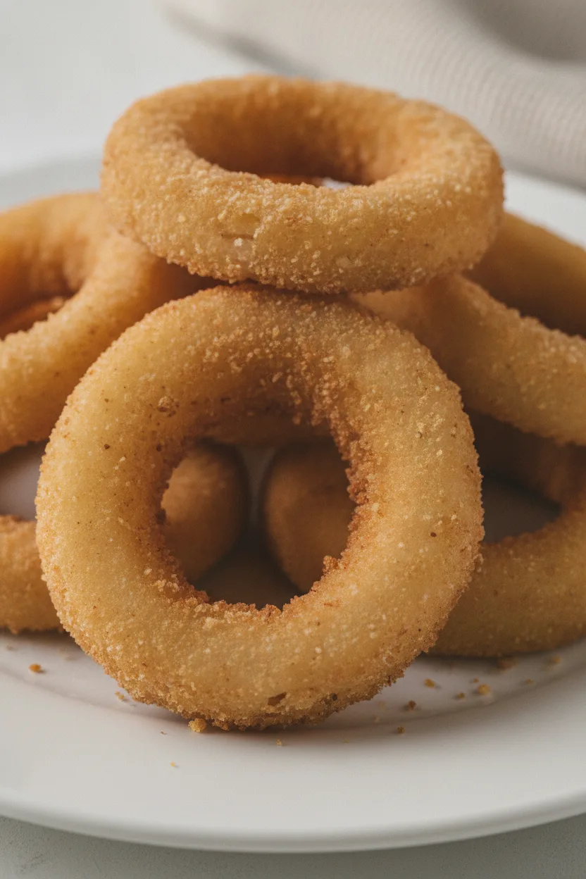 A close-up, editorial-style photo of a pile of perfectly golden-brown, crispy onion rings on a white ceramic plate. The texture of the breading is dry and slightly porous, with defined crumbs, and the onion inside has a subtle sheen. The lighting is soft and diffused, highlighting the crispiness and round form of the rings.