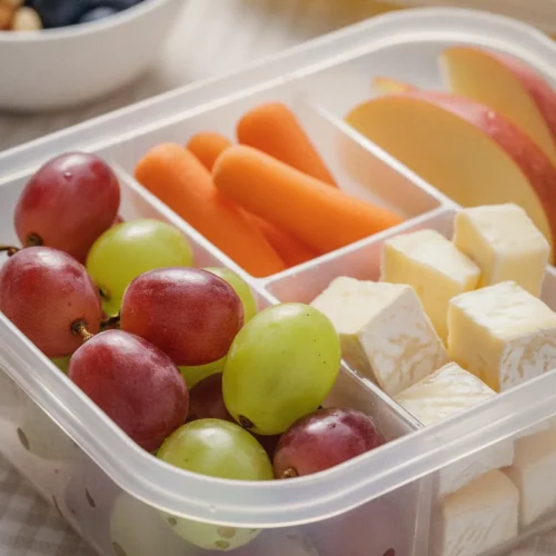 A close-up, high-key commercial photograph of a clear plastic bento box filled with fresh fruit and cheese. The compartments contain bright red grapes, baby carrots, crisp apple slices, and rectangles of creamy brie cheese, showcasing a healthy and visually appealing snack.