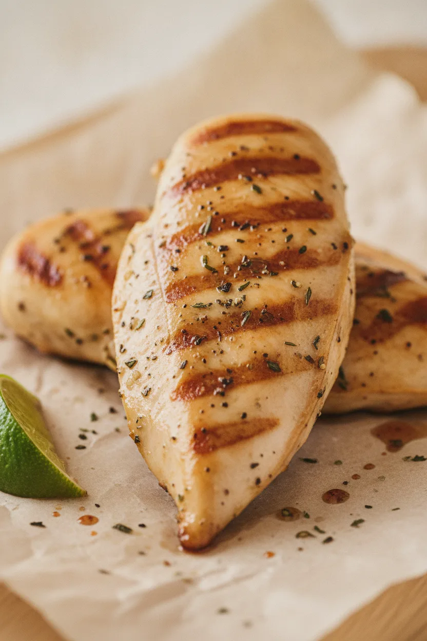 Close-up of perfectly grilled lemon pepper chicken breasts, showcasing distinct char marks and a glistening, seasoned surface. A wedge of fresh lime sits to the side on light parchment paper, with subtle droplets of juice.