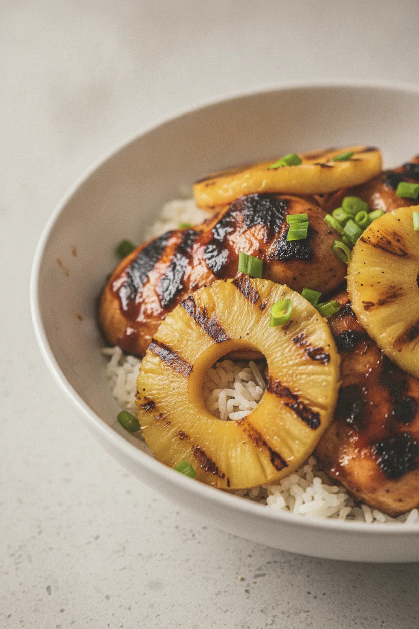 A close-up shot of glistening Hawaiian BBQ chicken pieces served over fluffy white rice, topped with char-grilled pineapple rings and sprinkled with chopped green onions. The dish is presented in a white ceramic bowl, showcasing the sticky, saucy texture of the chicken and the caramelized edges of the pineapple.
