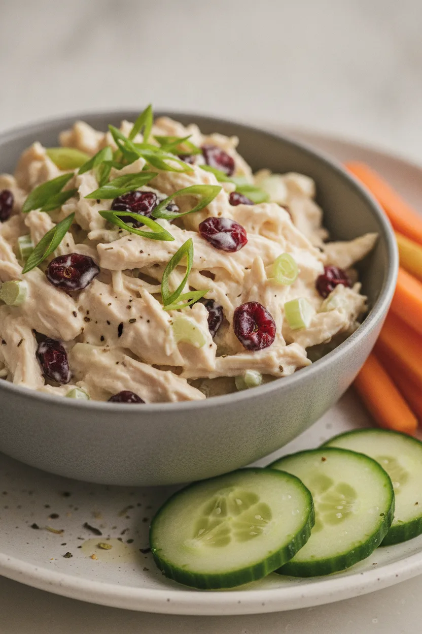 A vibrant bowl of healthy chicken salad with no mayonnaise, featuring shredded chicken, dried cranberries, and diced celery, garnished with green onions. Served in a matte grey bowl on a pale plate, with carrot sticks and cucumber slices as props.