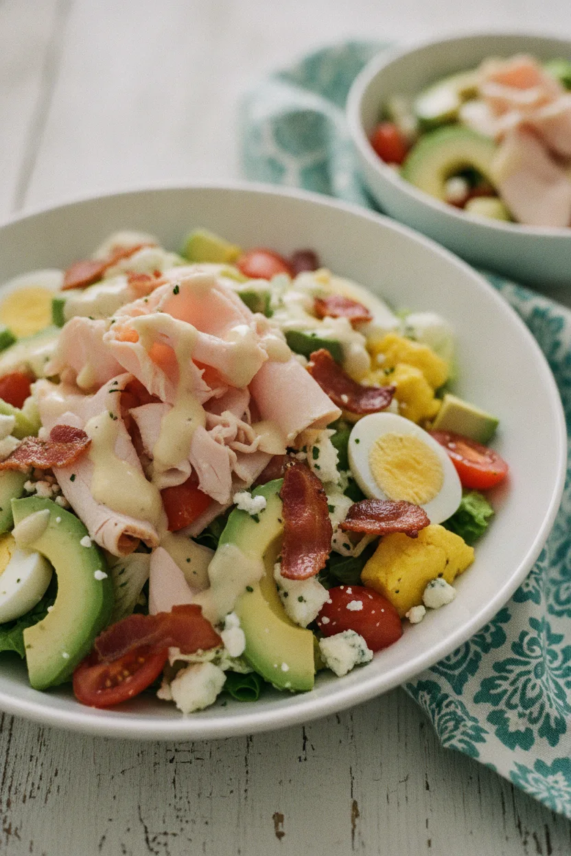 A vibrant and healthy Cobb salad featuring turkey bacon, avocado, hard-boiled eggs, tomatoes, and blue cheese, all artfully arranged in a white bowl and drizzled with a creamy dressing.