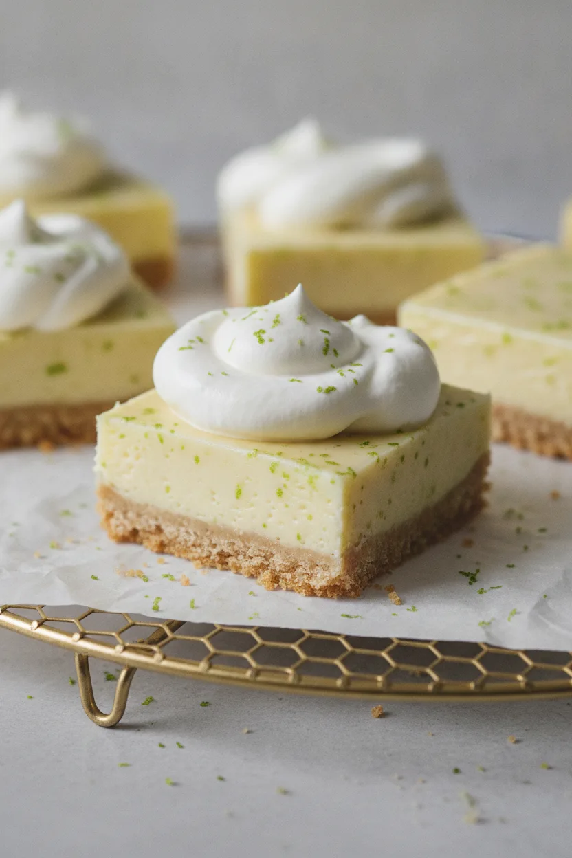 Close-up of a perfectly baked key lime bar with a creamy filling and airy whipped cream topping, garnished with lime zest, sitting on a gold wire rack. The granular crust is visible, and the shallow depth of field blurs the background.