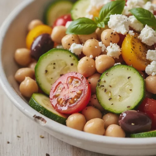 Overhead close-up of a vibrant Mediterranean Zucchini Salad, featuring glistening chickpeas, halved cherry tomatoes, sliced zucchini, and crumbled feta cheese, all coated in a light, translucent dressing.