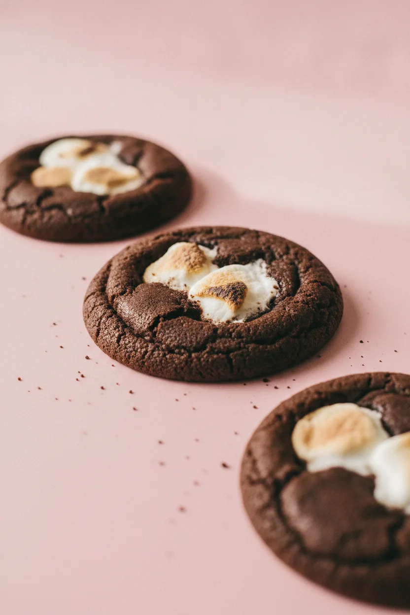 Three Mexican hot chocolate cookies with melted marshmallow inclusions, arranged closely on a soft pink background. The cookies have a crumbly texture with natural cracks and some slightly charred marshmallow edges.