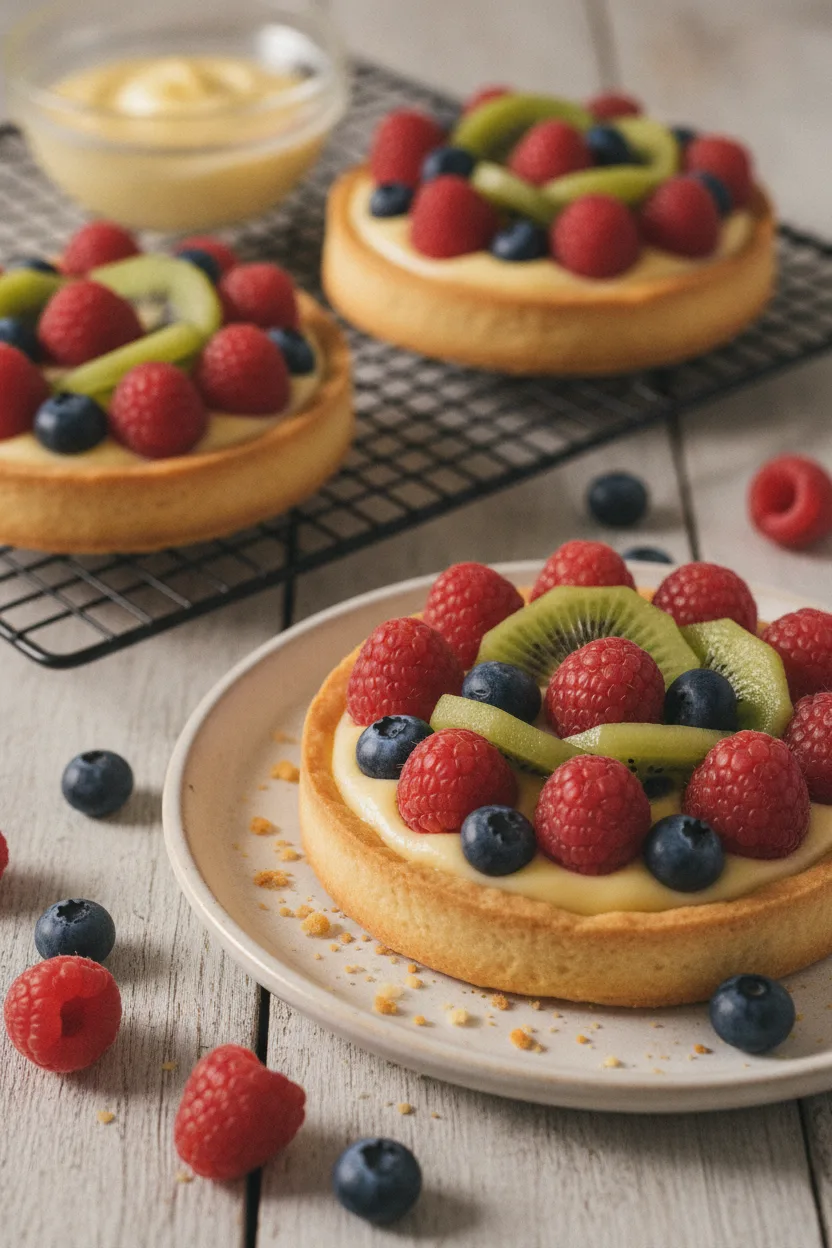 Close-up of a golden-brown mini fruit tart filled with smooth custard and topped with fresh raspberries, blueberries, and kiwi slices. The tart sits on a speckled off-white ceramic plate with scattered berries, set on a weathered wooden table.
