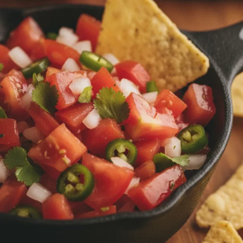Close-up of authentic pico de gallo in a rustic cast iron bowl, featuring vibrant diced tomatoes, crisp white onions, green jalapenos, and fresh cilantro, with a tortilla chip partially submerged. Shot with a shallow depth of field, highlighting texture and moisture.