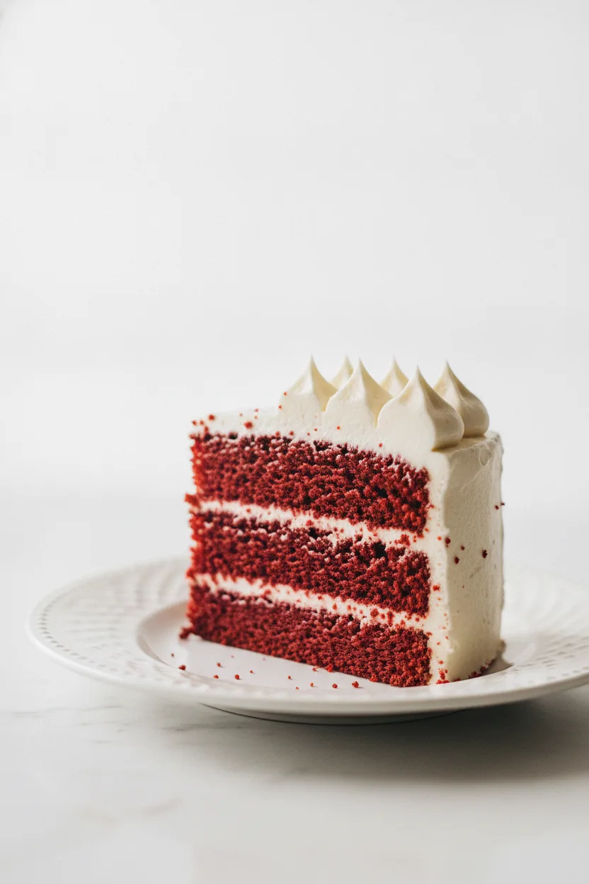 A close-up editorial shot of a moist slice of red velvet cake, showcasing its deep crimson layers and thick, matte cream cheese frosting with subtle red cake crumbs. The slice is on a white ceramic plate against a bright, clean background.