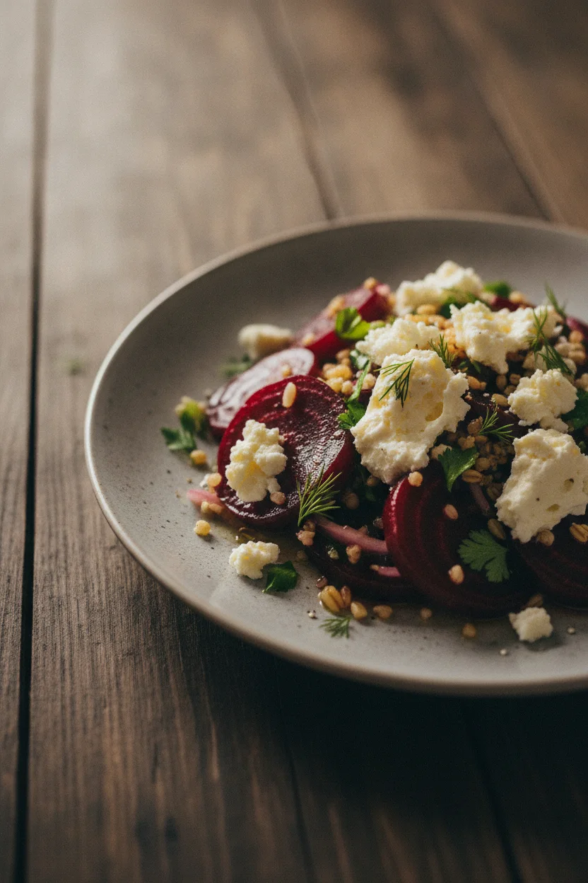 A close-up editorial food photograph of a roasted beet and feta salad. Sliced, tender beets with a subtle sheen are mixed with finely chopped shallots and herbs, topped with crumbled, porous feta cheese. The salad is presented on a matte, light-grey ceramic plate on a rustic wooden surface, with soft, diffused lighting highlighting its textures and warm colors.