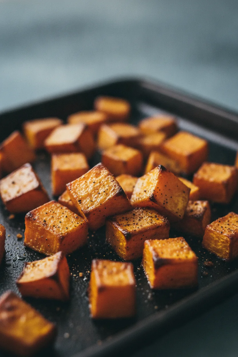 Close-up of perfectly roasted sweet potato cubes with caramelized edges, showing a slightly shiny, porous texture speckled with tiny black flecks, arranged loosely on a dark baking sheet. The image features warm, golden-orange highlights and soft, diffused shadows.