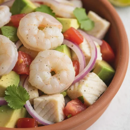 A vibrant and fresh bowl of cooked shrimp ceviche in a rustic terracotta bowl. The ceviche features opaque white cooked shrimp, creamy avocado chunks, juicy tomatoes, thinly sliced red onion, and bright green cilantro, garnished with a lime wedge and served with a crispy tortilla chip. The focus is sharp on the ceviche, with a softly blurred background.