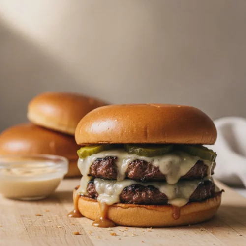 A close-up, high-key commercial style photo of a double cheeseburger, the star of a smash burgers recipe. The burger features juicy, well-done patties with visible grill marks and char edges, topped with smooth, melted cheese and glossy pickles, all dripping with viscous sauce onto a slightly toasted bun. It's presented on a worn wooden cutting board, with a small bowl of sauce and out-of-focus buns in the background.