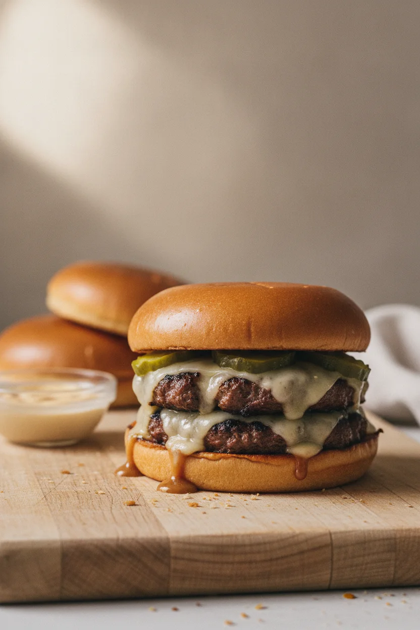 A close-up, high-key commercial style photo of a double cheeseburger, the star of a smash burgers recipe. The burger features juicy, well-done patties with visible grill marks and char edges, topped with smooth, melted cheese and glossy pickles, all dripping with viscous sauce onto a slightly toasted bun. It's presented on a worn wooden cutting board, with a small bowl of sauce and out-of-focus buns in the background.