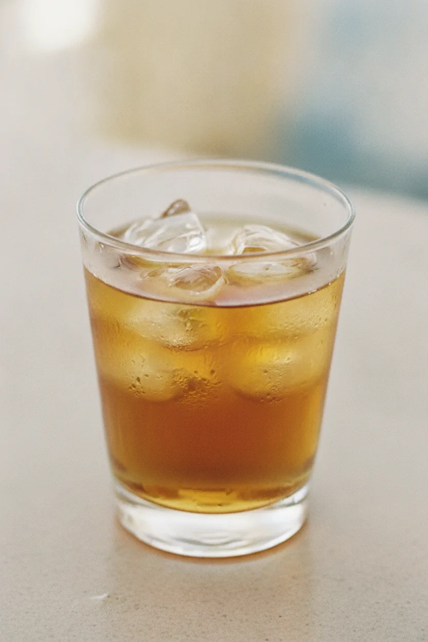 A close-up of a clear, amber-colored sparkling peach tea in a glass, filled with ice cubes and showing condensation. The beverage is presented in a bright, commercial food photography style, highlighting its refreshing appearance.