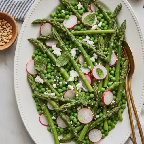 A vibrant Spring Asparagus Salad featuring plump peas, crisp radishes, crumbled feta cheese, and fresh mint leaves, artfully arranged on a white oval platter. Golden pine nuts and elegant salad tongs are also visible, set against a bright and airy background.