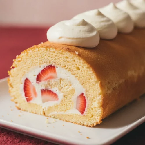 A close-up, editorial-style photo of a sliced Strawberry Shortcake Roll, showcasing its light, airy sponge cake, smooth cream piping, and fresh strawberry pieces. The dessert is presented on a white plate against a textured red surface, with a subtle graphic in the background.