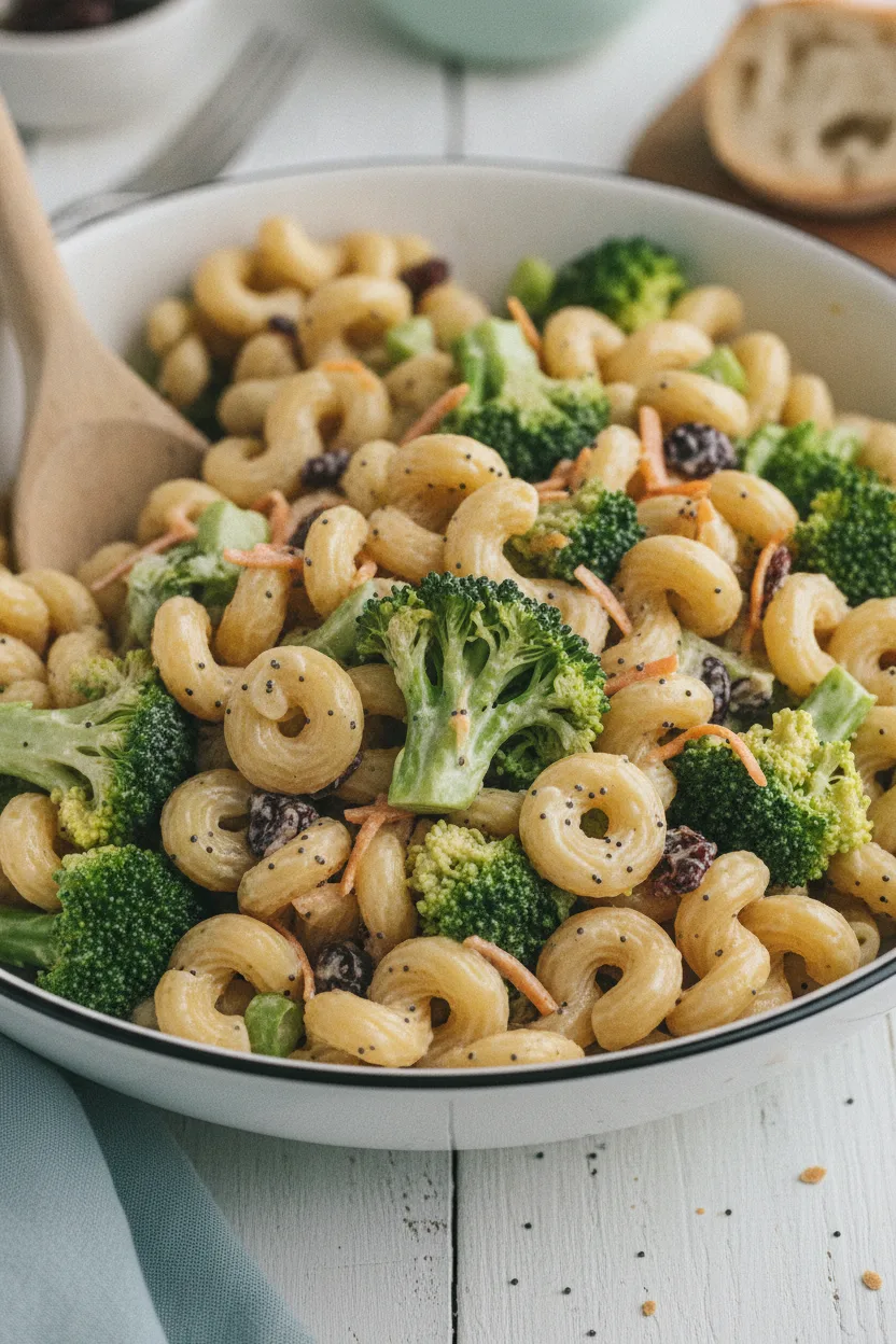 A bright, high-key commercial photograph of a delicious Sweet Potato and Feta Pasta Salad. The salad is generously served in a white ceramic bowl, showcasing al dente pasta coated in a creamy dressing, crisp-tender broccoli florets, grated carrots, and dried cranberries. A light wooden serving spoon is placed within the salad. The background is a clean white wooden plank surface, with hints of a fork, bread, and a blue napkin.