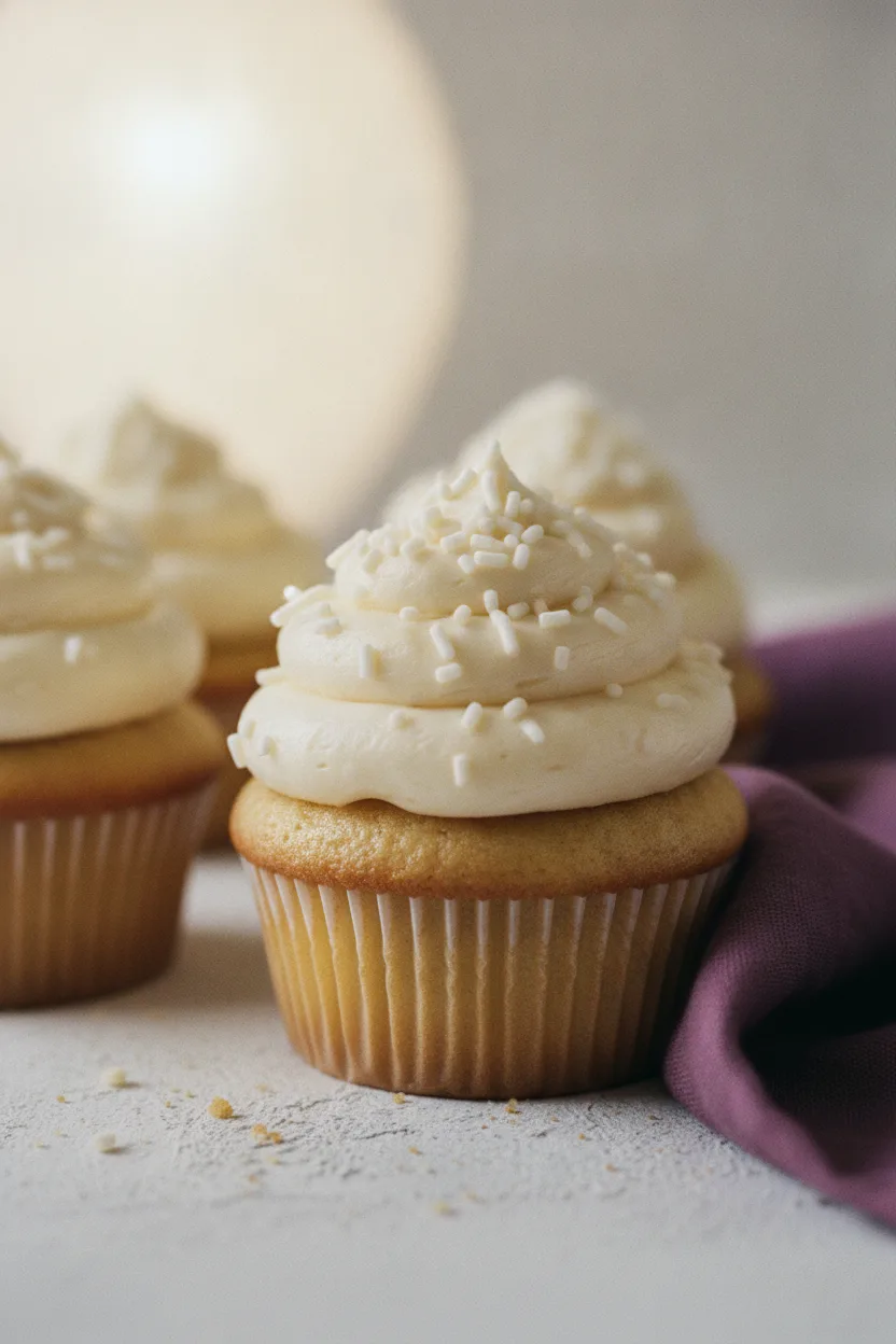 A close-up of delicious vanilla bean cupcakes with creamy frosting and white rod-shaped sprinkles, presented in a soft editorial style with warm, diffused lighting and a blurred background.
