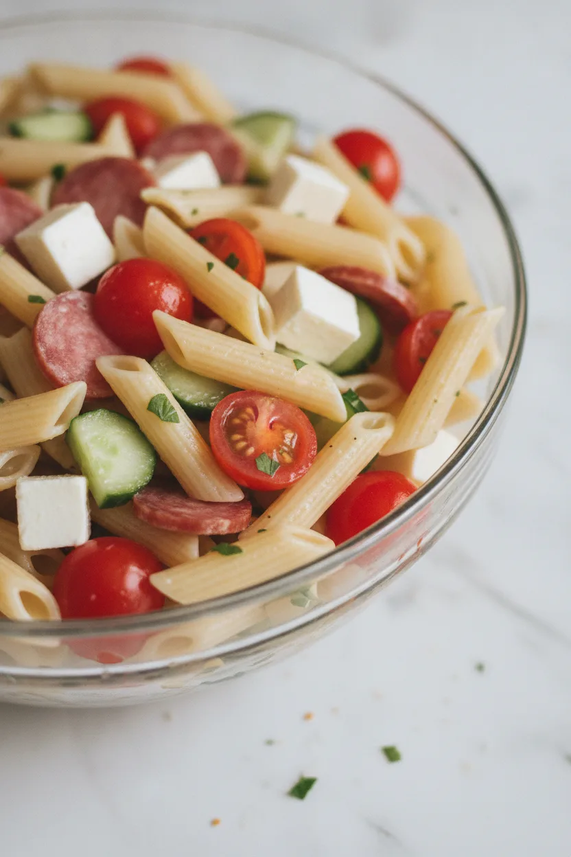 Close-up shot of a Zesty Italian Pasta Salad in a clear glass bowl, featuring al dente pasta, juicy tomatoes, crisp cucumber, firm cheese cubes, and salami, lightly coated in dressing and sprinkled with parsley, on a white textured surface.