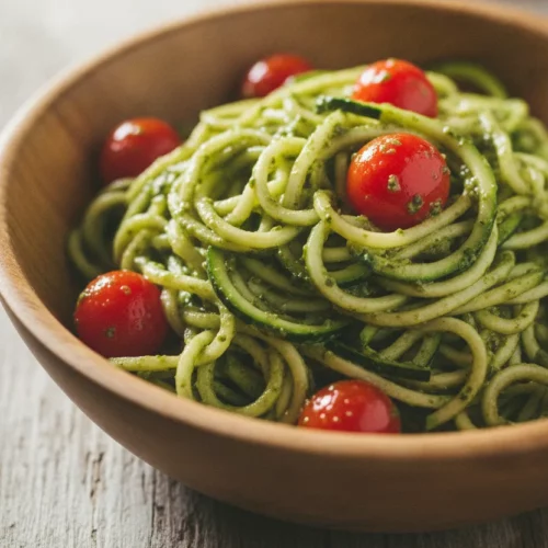 A rustic wooden bowl filled with vibrant green zucchini noodles tossed with pesto and topped with plump, shiny cherry tomatoes, ready to be served. A vintage silver fork rests beside the bowl.