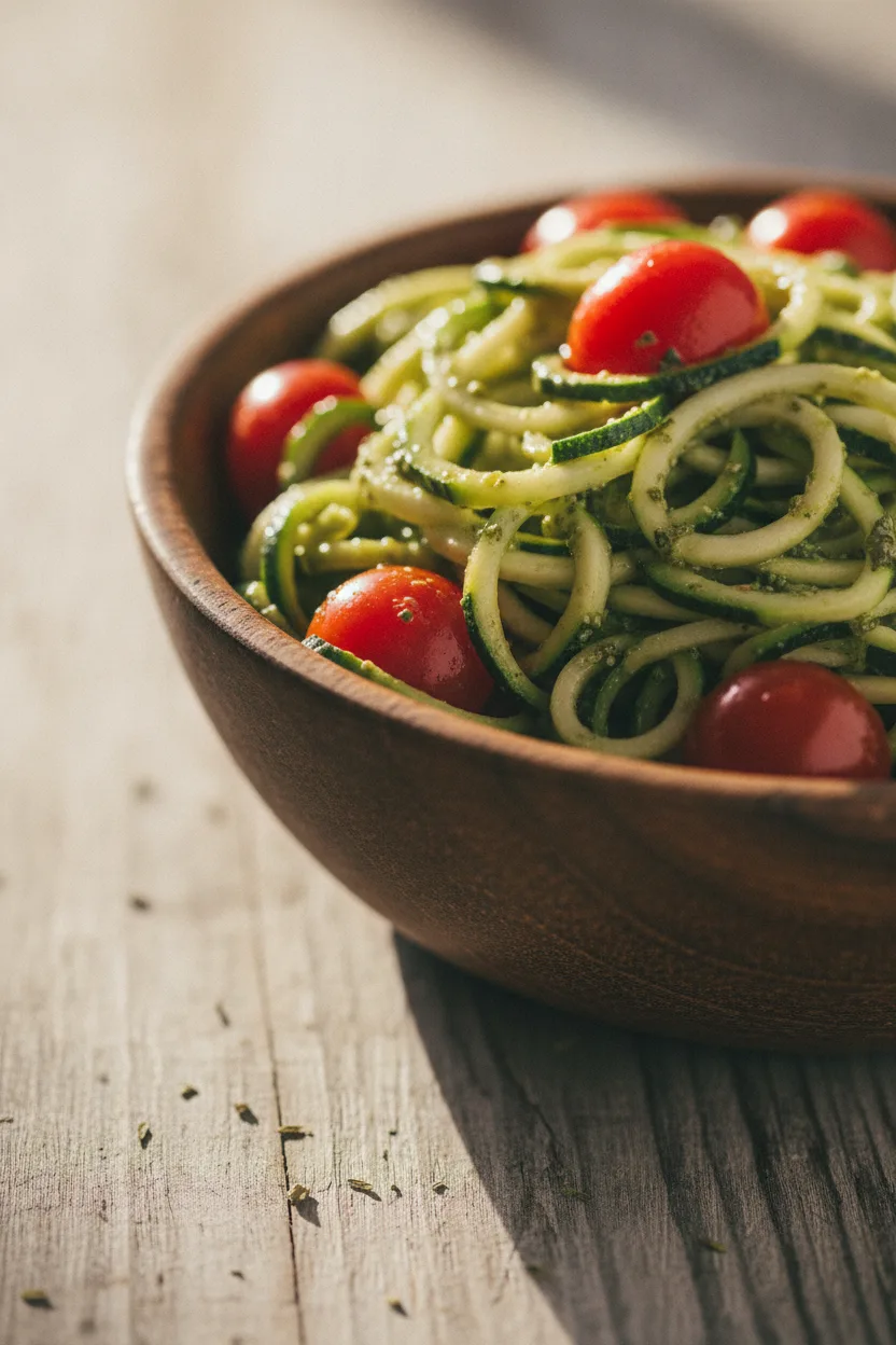 Freshly made zucchini noodles tossed with vibrant green pesto and plump cherry tomatoes, served in a dark rustic wooden bowl with a fork on the side. The dish has a light and airy appearance, perfect for a healthy meal.