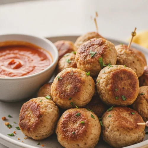A high-key, commercial food photograph of a Beef Meatball and Marinara Bento, featuring well-cooked meatballs with slightly charred edges and a vibrant marinara sauce served on a light gray ceramic plate with toothpicks inserted. A small bowl of sauce and a yellow napkin are also visible.