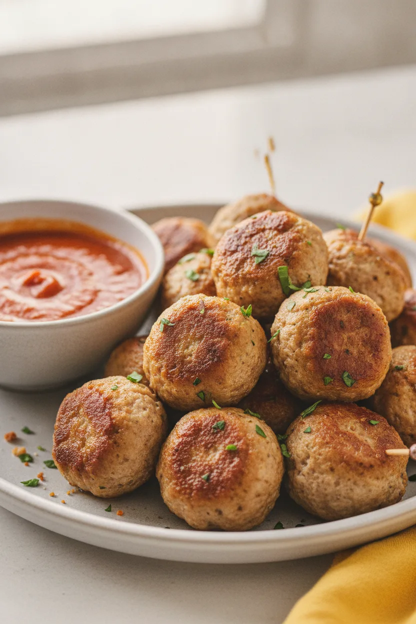 A high-key, commercial food photograph of a Beef Meatball and Marinara Bento, featuring well-cooked meatballs with slightly charred edges and a vibrant marinara sauce served on a light gray ceramic plate with toothpicks inserted. A small bowl of sauce and a yellow napkin are also visible.