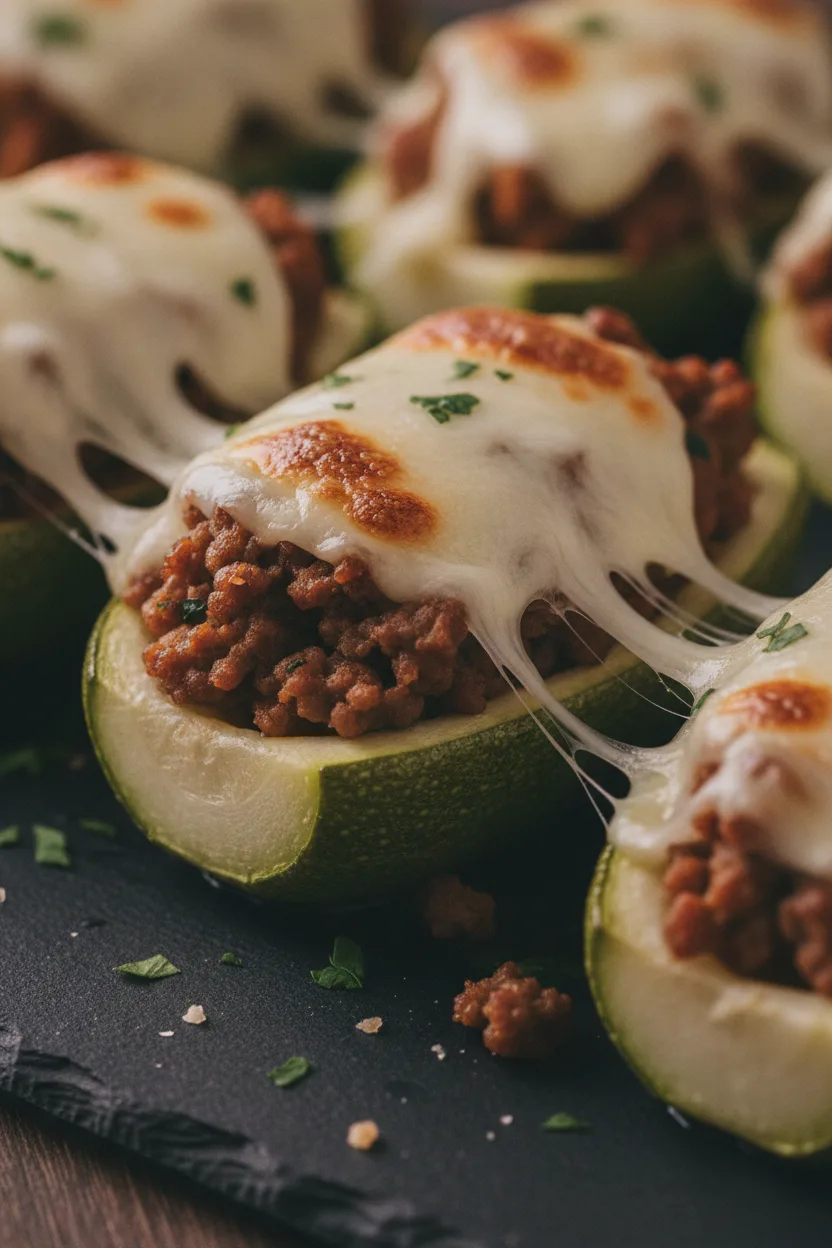 A close-up, overhead shot of delicious beef stuffed zucchini halves. The tender zucchini is filled with a rich, reddish-brown ground meat mixture, generously topped with melted, gooey mozzarella cheese that is slightly browned and dripping. Visible green herbs add color to the filling. The lighting is soft and inviting, highlighting the textures and the melted cheese.
